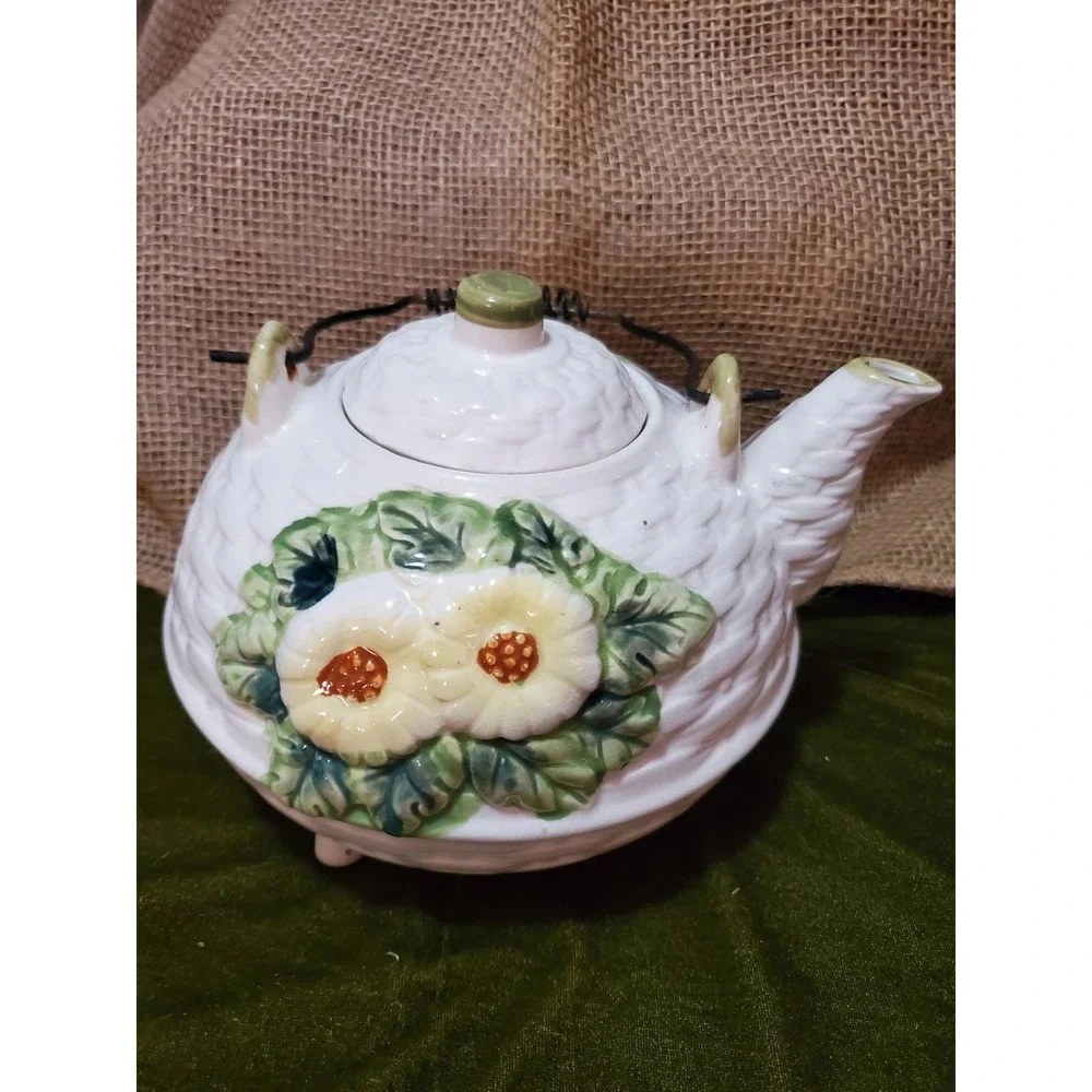 Floral Teapot Ceramic‎ White Kitchen Decor Tea Party Cottagecore Accent Teapot